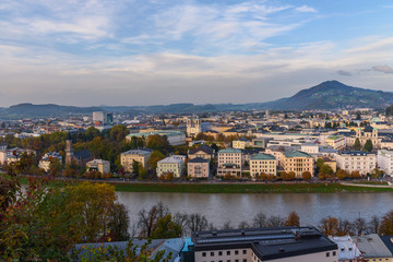 Fototapeta na wymiar View of Salzburg and Salzach river from Monchsberg mountain. Austria