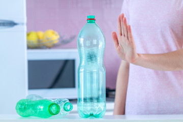Rejection of plastic bottles and plastic recycling. Environmental protection. Stop plastic