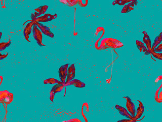 Large flamingo red hawaiian seamless pattern.