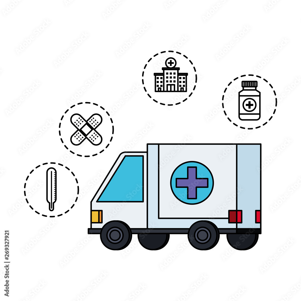 Sticker ambulance with medical set icons