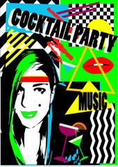 Cocktail party girl with lips and martini glass, pop art