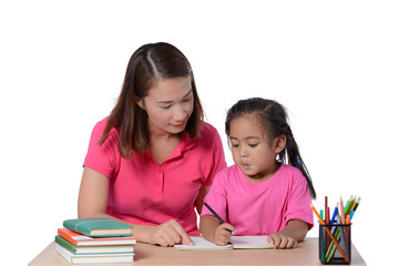 young Teacher helping child with writing lesson isolated on white background