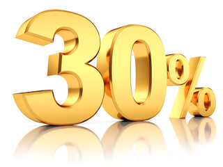 3d render illustration. Golden thirty percent on a white background.