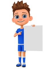 Cartoon character boy in sports uniform pointing to a blank board. 3d render illustration. Illustration for advertising.