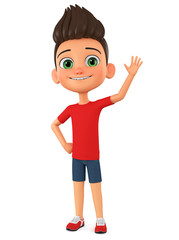 Character cartoon guy in a red T-shirt with a raised hand as a sign of greeting. 3d rendering. Illustration for advertising.