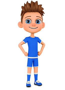 Cartoon character boy in sports uniform on a white background. 3d render illustration. Illustration for advertising.