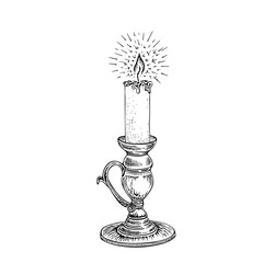 Hand drawn burning candle in candlestick isolated on white background. Sketch ink vector illustration