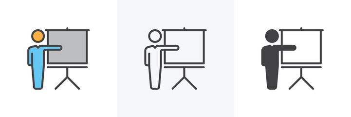 Training, conference icon. Line, glyph and filled outline colorful version, Man and presentation board outline and filled vector sign. Symbol, logo illustration. Different style icons set.