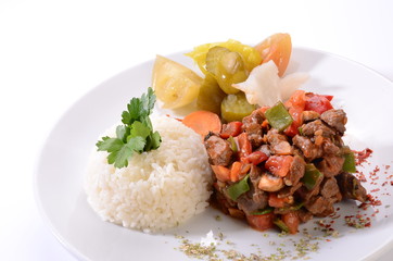 meat saute with rice white background