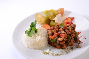 meat saute with rice white background