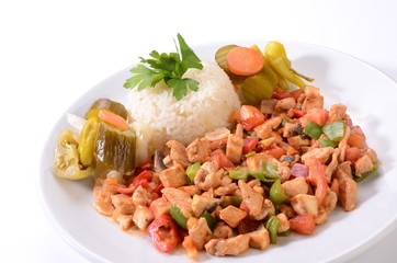 chicken saute with rice white background