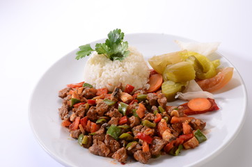 meat saute with rice white background