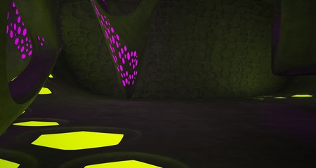 Abstract  Concrete Futuristic Sci-Fi interior With Pink And Yellow Glowing Neon Tubes . 3D illustration and rendering.