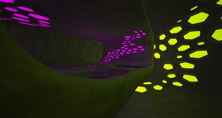 Abstract  Concrete Futuristic Sci-Fi interior With Pink And Yellow Glowing Neon Tubes . 3D illustration and rendering.