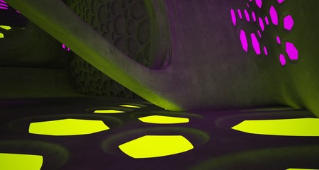 Abstract  Concrete Futuristic Sci-Fi interior With Pink And Yellow Glowing Neon Tubes . 3D illustration and rendering.