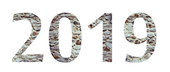 Stone numeral font 2019 year isolated on white background. Numbers and symbols. Textured materials.