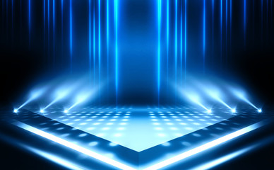 Background of empty stage show. Neon light and laser show. Laser futuristic shapes on a dark background. Abstract dark background with neon glow