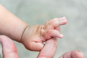 Father's hand supports the baby's hands, wants to nurture and care. The background  is grey with space to put words.