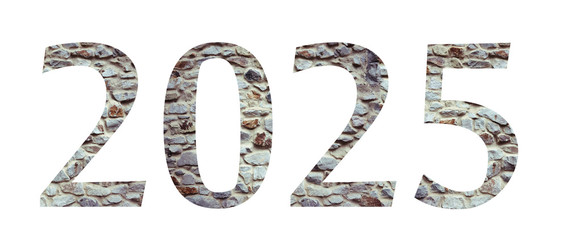 Stone numeral font 2025 year isolated on white background. Numbers and symbols. Textured materials.