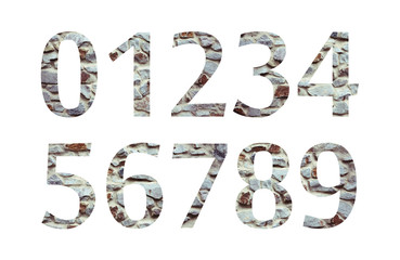 Stone number font from 0 to 9, isolated on white background. Numbers and symbols. Textured materials.
