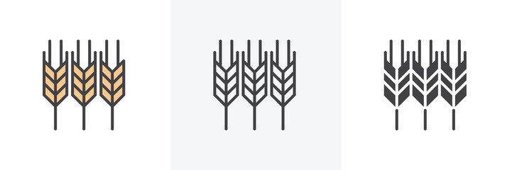 Ears of wheat icon. Line, glyph and filled outline colorful version, Wheat, barley outline and filled vector sign. Agriculture symbol, logo illustration. Different style icons set. Vector graphics