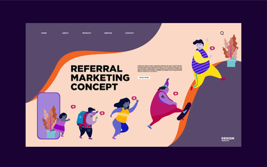 Concept of referral marketing, Refer A Friend loyalty program, promotion method. Group of people or customers holding hands and walking out of giant smartphone. Modern flat vector illustration. 