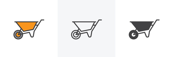 Wheelbarrow cart icon. Line, glyph and filled outline colorful version, Wheel barrow outline and filled vector sign. Symbol, logo illustration. Different style icons set. Vector graphics - obrazy, fototapety, plakaty
