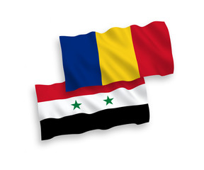 National vector fabric wave flags of Romania and Syria isolated on white background. 1 to 2 proportion.