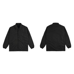 Blank plain windbreaker jacket black color front and back side view isolated on white background. ready for your mock up design project.