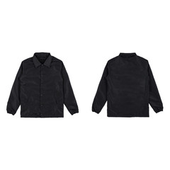 Blank plain windbreaker jacket black color front and back side view isolated on white background....