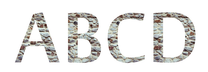 Stone font letter ABCD  isolated on white background. Letters and symbols. Textured materials.
