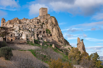 Fototapeta na wymiar Craco, the ghost town near Matera, the city of stones. Craco famous in the world for being used in films and advertising.