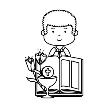 little boy with bible and flowers first communion character