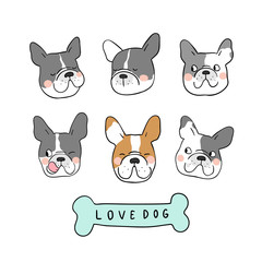 Draw emotion face of french bulldog on white.