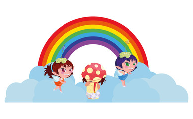 Obraz na płótnie Canvas beautiful magic fairies with fungu elf and rainbow