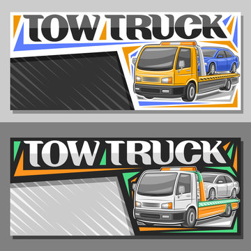 Vector layouts for Tow Truck with copy space, leaflet with illustration of evacuator with orange alarm lights towing fixed car in workshop, original lettering for words tow truck on gray background.