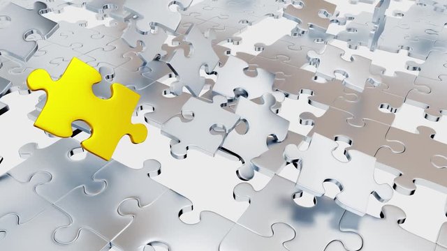 Several Chaotic Grey Puzzle pieces gathering themself and one big gold piece