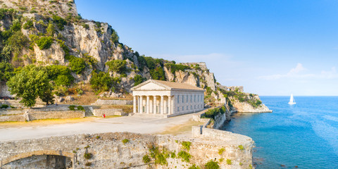 Hellenic temple and old castle at Corfu, Greece - obrazy, fototapety, plakaty