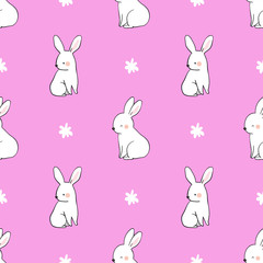 Seamless pattern cute rabbit and flower on purple.