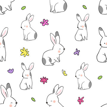 Seamless pattern rabbit with flower on white color.