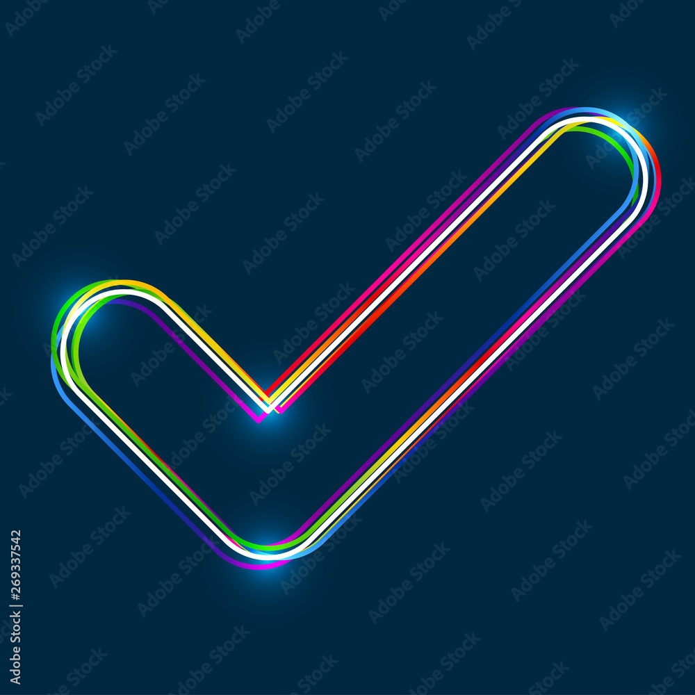 Poster Colorful multi-layered outline of a check mark with glowing light effect on blue background