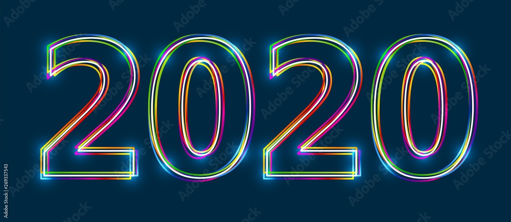 Poster colorful multi-layered outline of 2020 with glowing light effect on blue background