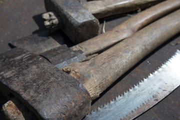 building kit, saw, hammer, axe, concept of construction, repair, installation.