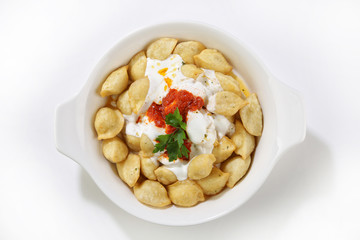 turkish traditional food named manti top view isolated
