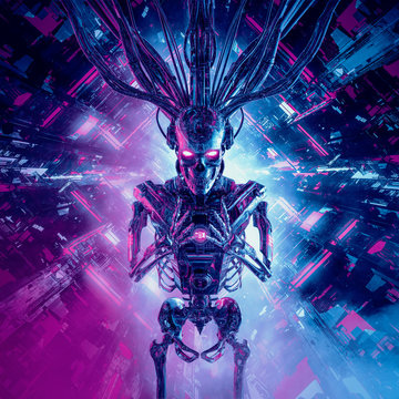 Artificial intelligence reaper / 3D illustration of science fiction skeleton humanoid android inside futuristic computer core