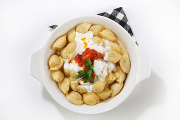 turkish traditional food named manti top view isolated