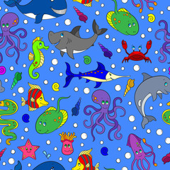 Naklejka na ściany i meble Seamless pattern with sea creatures, funny cartoon animals on blue background
