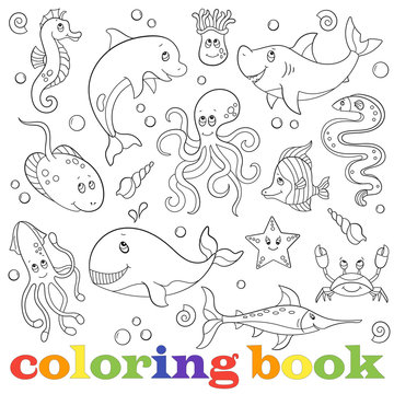 A set of contour illustrations with marine life, funny cartoon animals on a blue background , coloring book