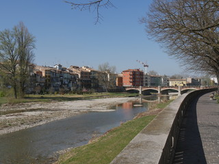 Parma riverside panorama. Panorama along Parma riverside near Ponte di Mezzo bridge.