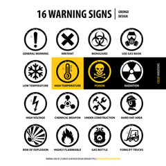 vector set of warning signs, collection of hazard symbols in circle frames, 16 isolated simple danger emblems, industrial grunge style design, illustration of modern flat elements on white background